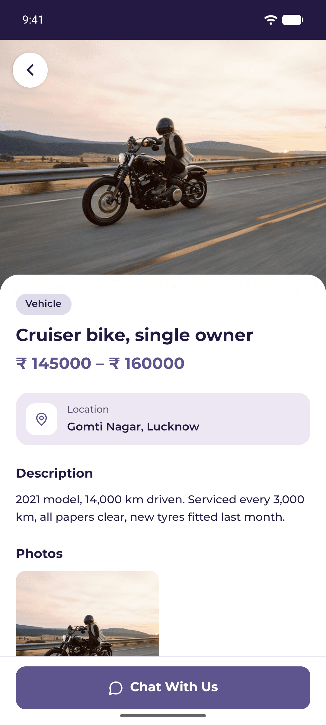 Listing details with photo, price range, location and a Chat With Us button
